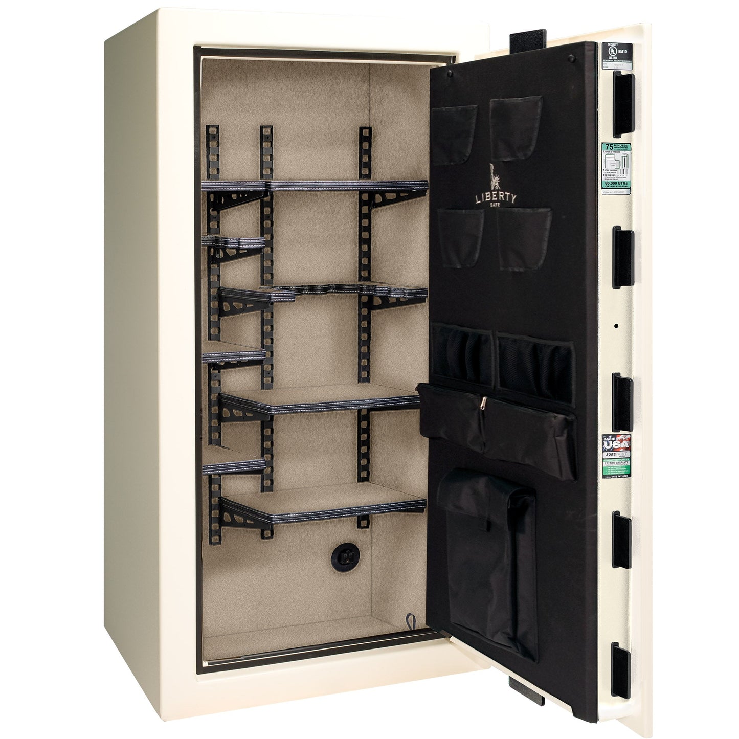 Colonial Series | Level 4 Security | 75 Minute Fire Protection | 23 PRO FLEX | DIMENSIONS: 60.5"(H) X 30"(W) X 22"(D*) | White Gloss Black Chrome | Electronic Lock Open