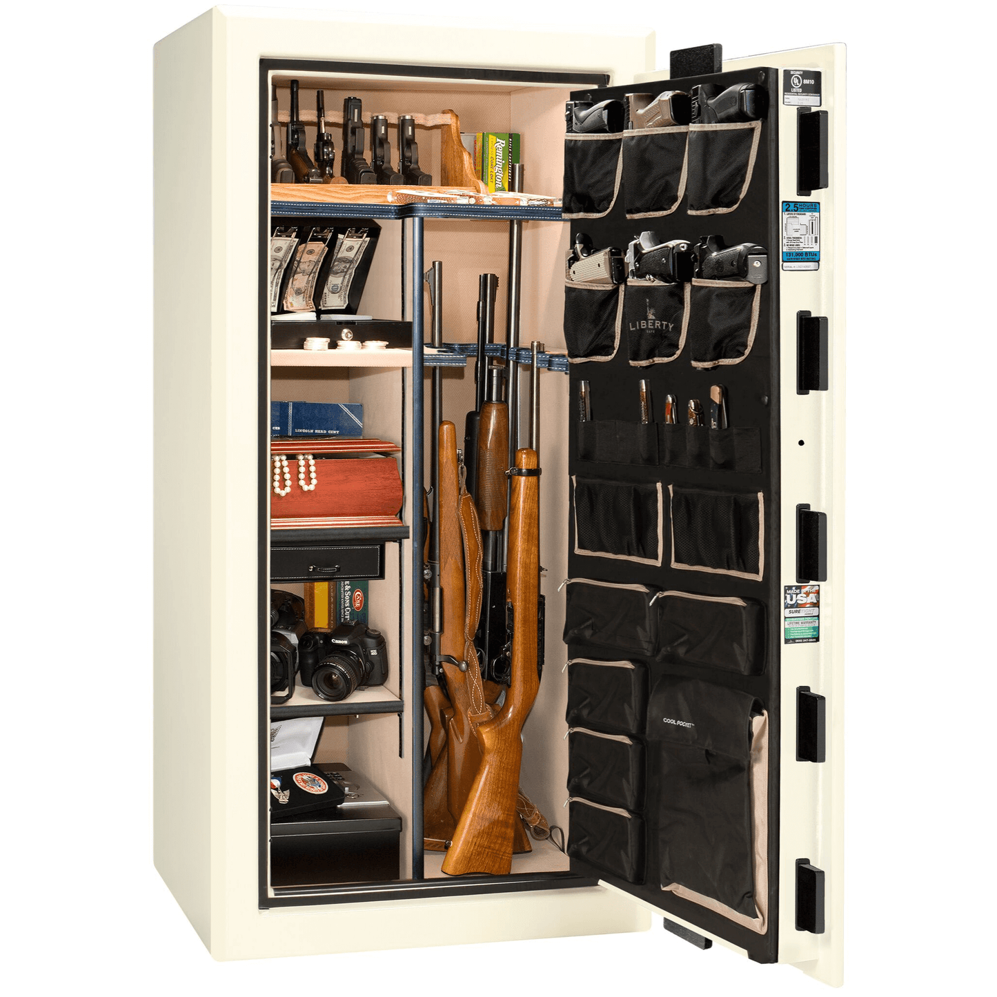 Presidential Series | Level 8 Security | 2.5 Hours Fire Protection | 25 | Dimensions: 60.5"(H) x 30.25"(W) x 24.75"(D*) | White Marble Black Chrome Hardware | Electronic Lock