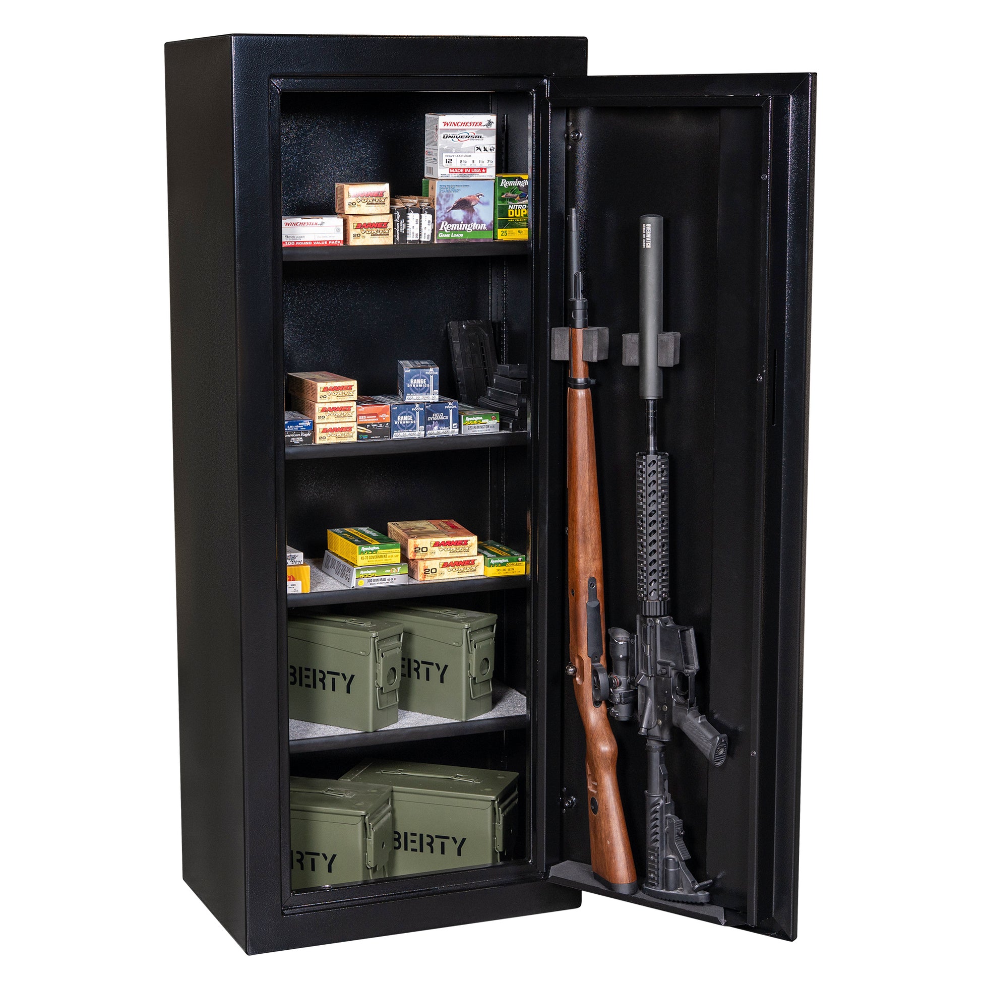 Ammo Cabinet 13 |  Dimensions: 59”(H) x 24”(W) x 16”(D) | 2 (Expandable to 4) Long Guns | Black - open