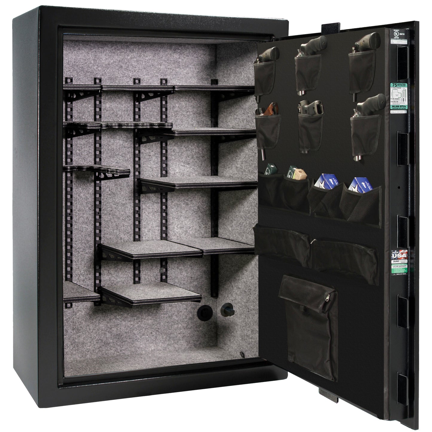 Colonial 35 | Pro Flex Interior | Level 4 Security | 75 Minute Fire Protection | Dimensions: 60.5"(H) x 42"(W) x 22"(D) | Up to 45 Long Guns | Black Textured | Mechanical Lock – Open