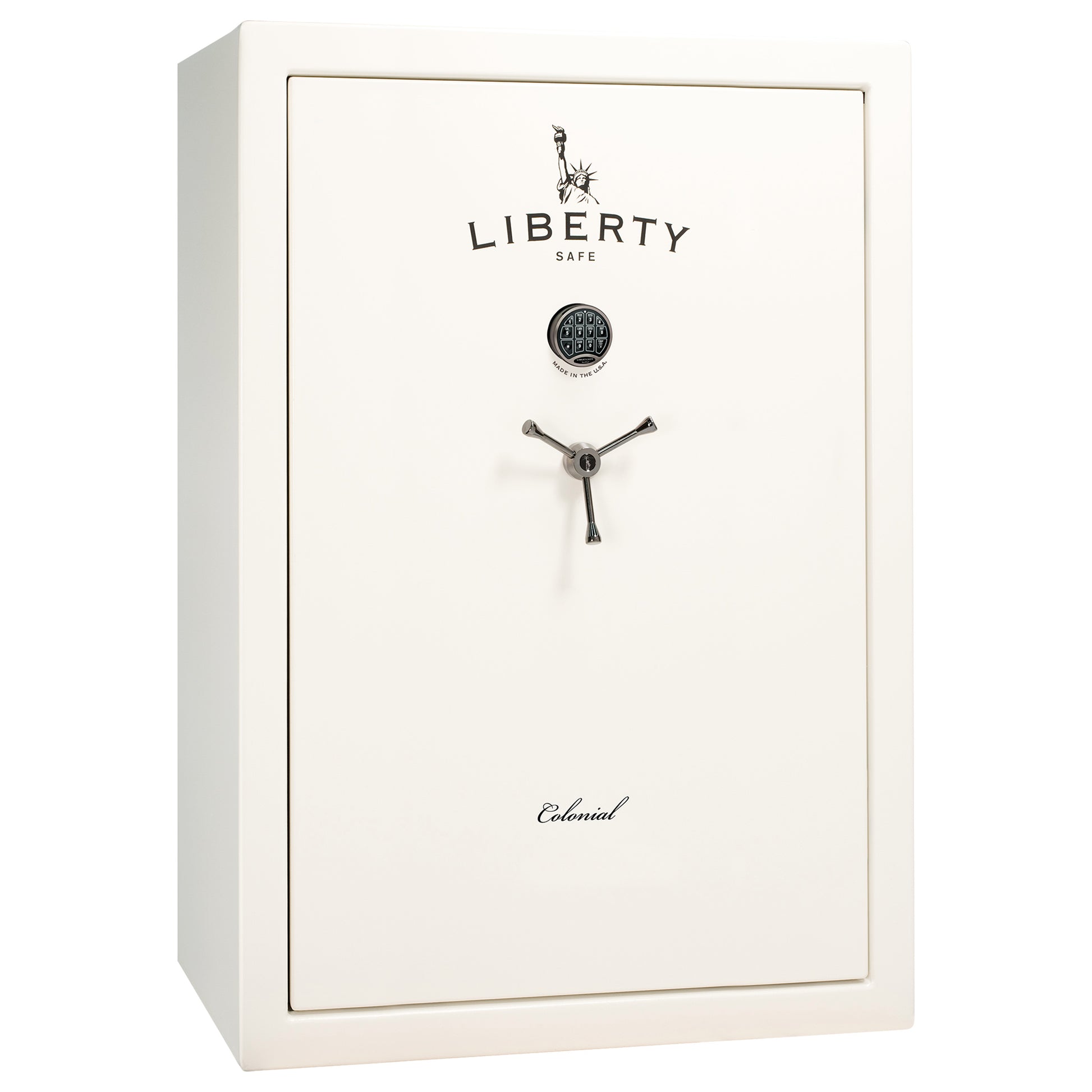 Colonial 35 | Pro Flex Interior | Level 4 Security | 75 Minute Fire Protection | Dimensions: 60.5"(H) x 42"(W) x 22"(D) | Up to 45 Long Guns | White Gloss Black Chrome | Electronic Lock - Closed