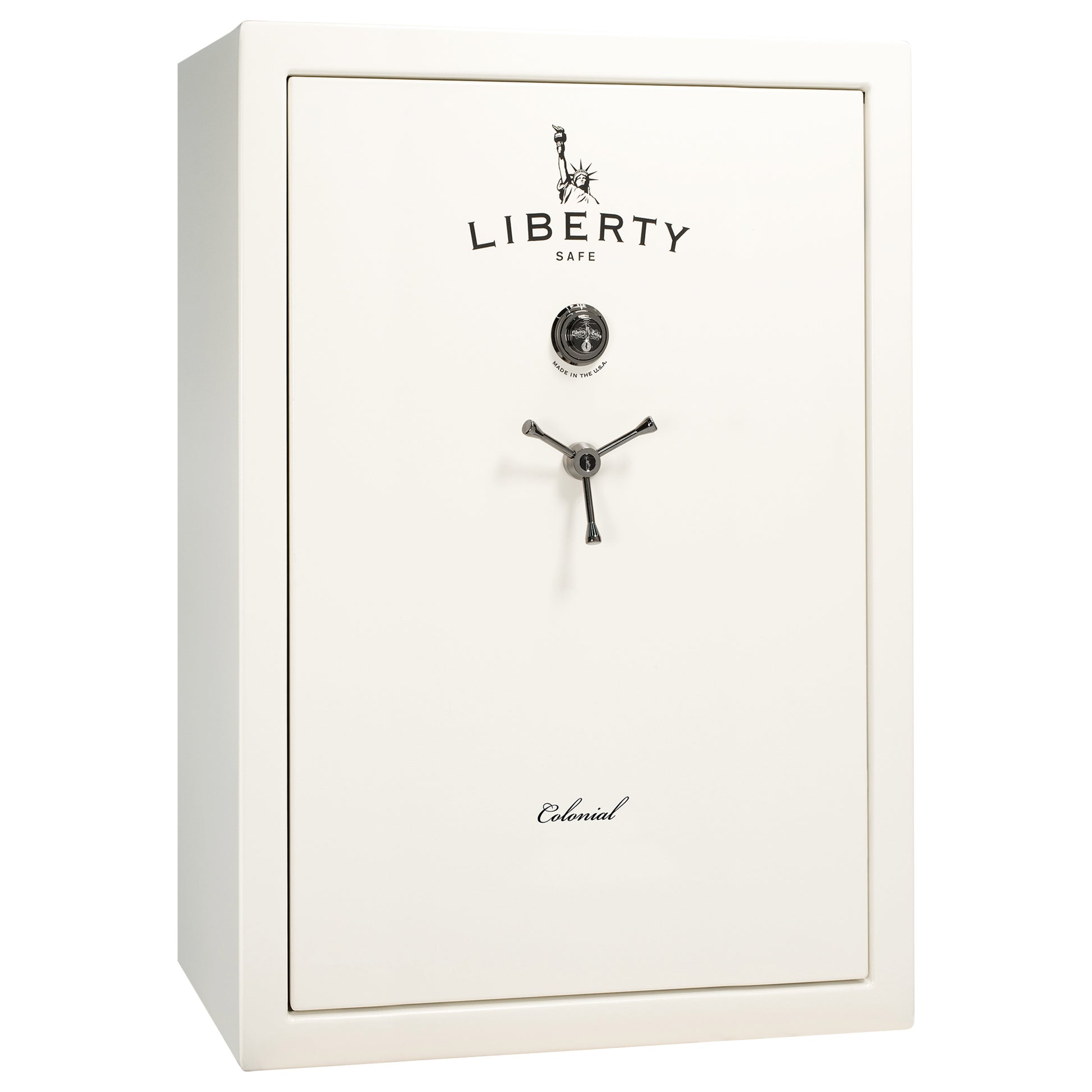 Colonial 35 | Pro Flex Interior | Level 4 Security | 75 Minute Fire Protection | Dimensions: 60.5"(H) x 42"(W) x 22"(D) | Up to 45 Long Guns | White Gloss Black Chrome | Mechanical Lock - Closed