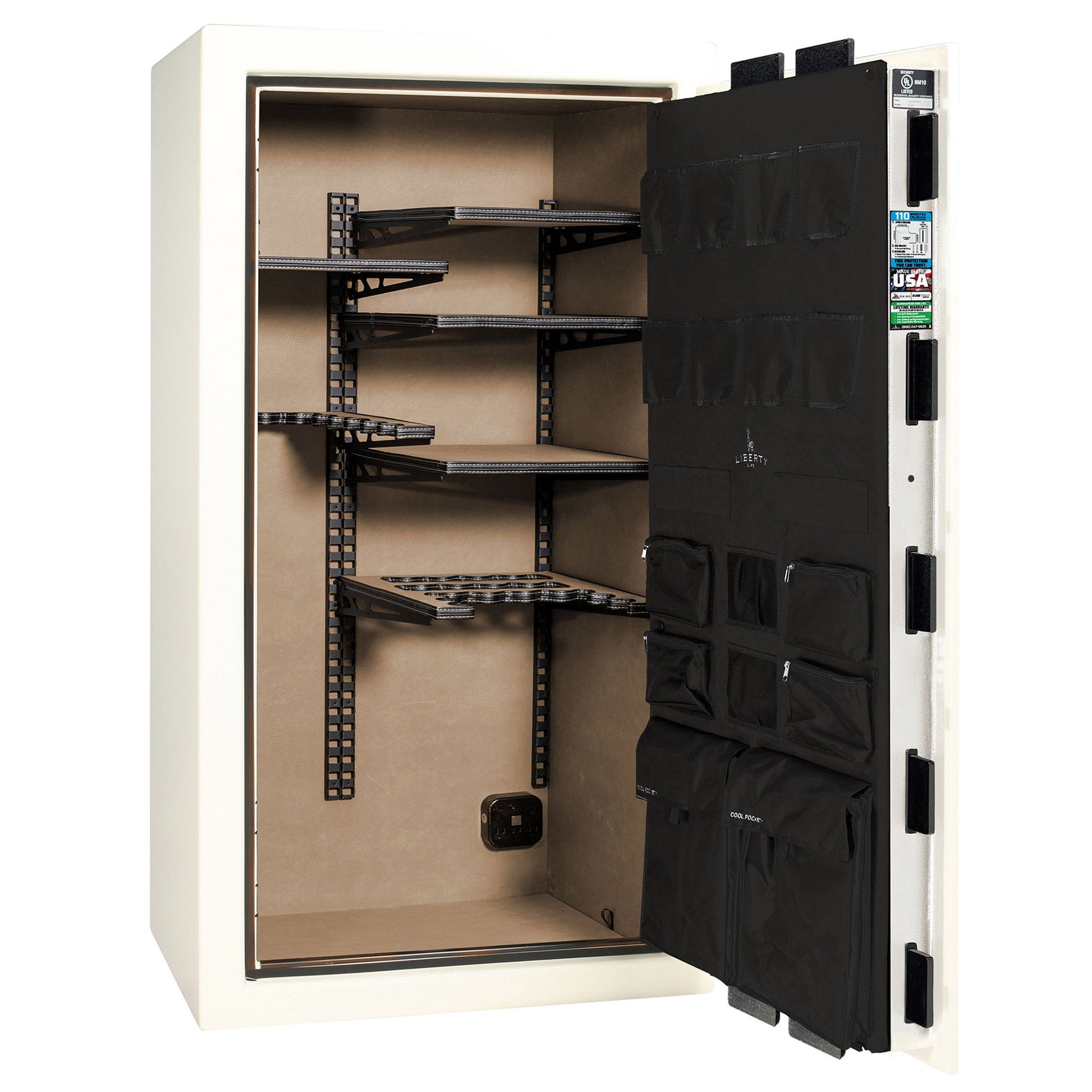 Franklin Series | Level 5 Security | 110 Minute Fire Protection | 40 | DIMENSIONS: 66.5"(H) X 36"(W) X 27.5"(D*) | White Gloss Black Chrome | ProFlex Modular Shelving - Open Door Empty