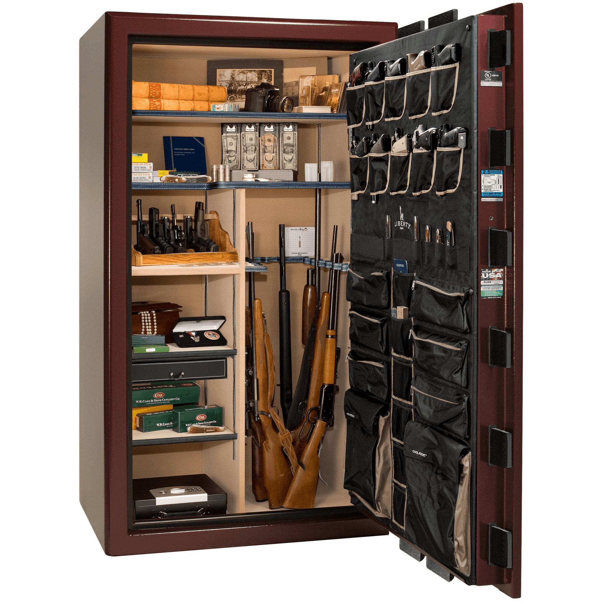Presidential Series | Level 8 Security | 2.5 Hours Fire Protection | 50 | Dimensions: 72.5"(H) x 42.25"(W) x 27.75"(D*) | Burgundy Marble | Gold Hardware | Mechanical Lock